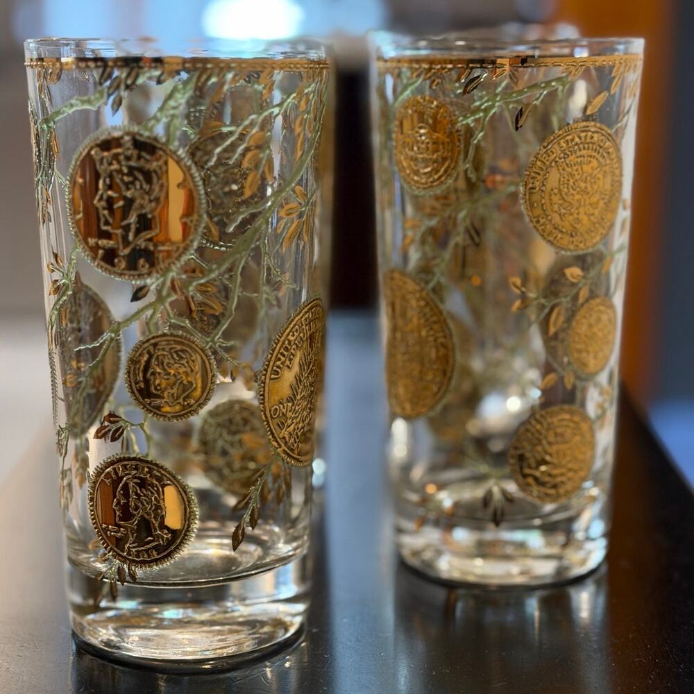 Vintage Culver Rare Midas Highball Tumbler Glass Coins and Vines MCM Set of 4 - Picture 8 of 14